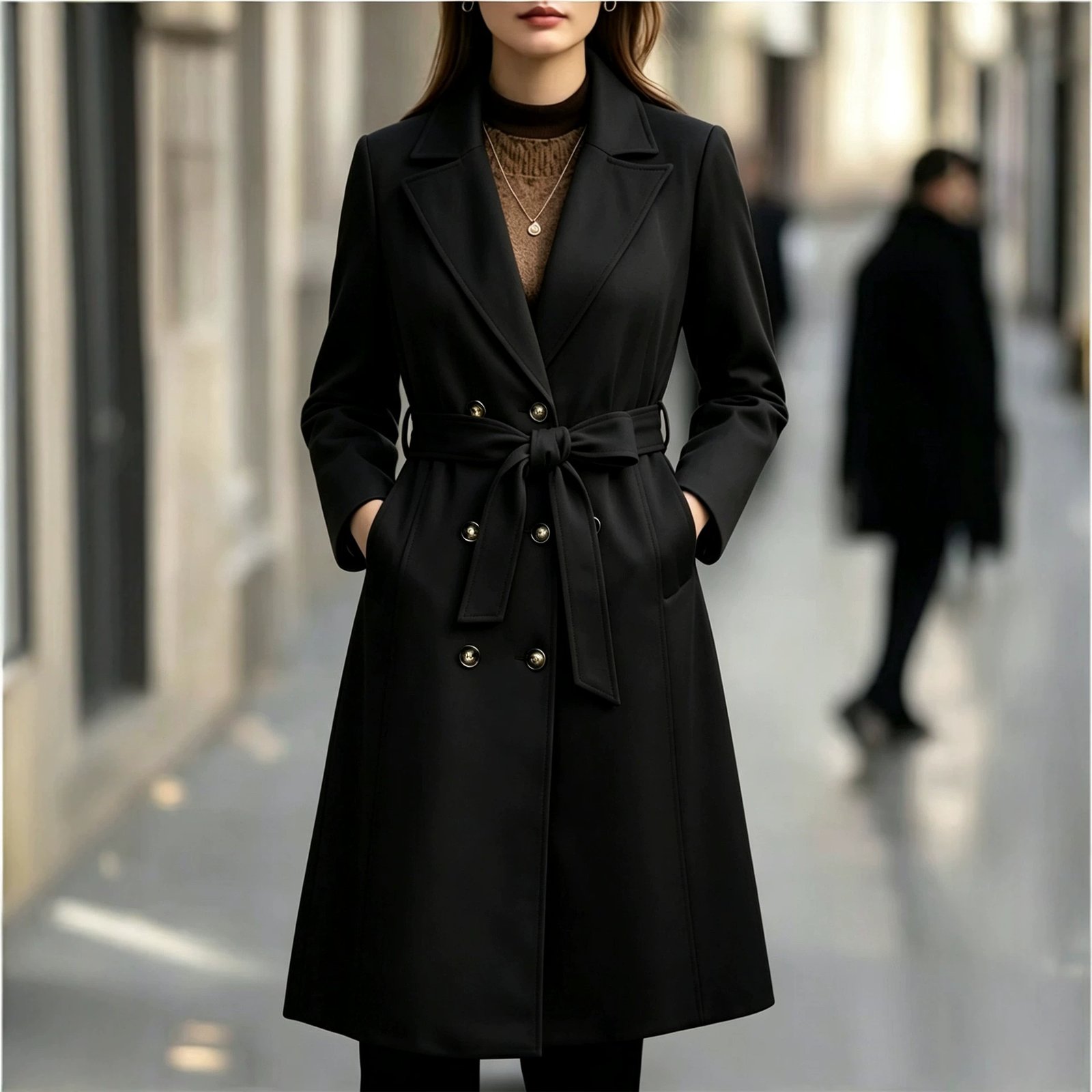 Elegant Lapel Double-breasted Long Trench Coat Outerwear - Image 6