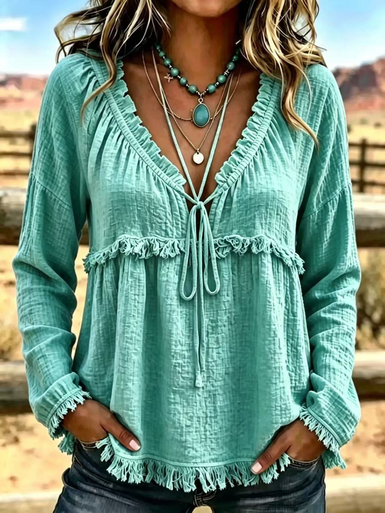 V-neck Turtleneck Long-sleeve Solid-colour Casual Top - Image 5