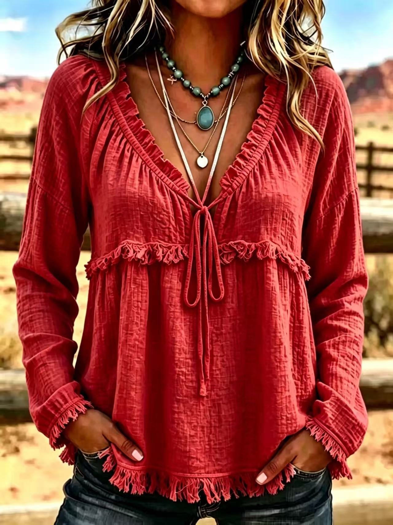 V-neck Turtleneck Long-sleeve Solid-colour Casual Top - Image 9