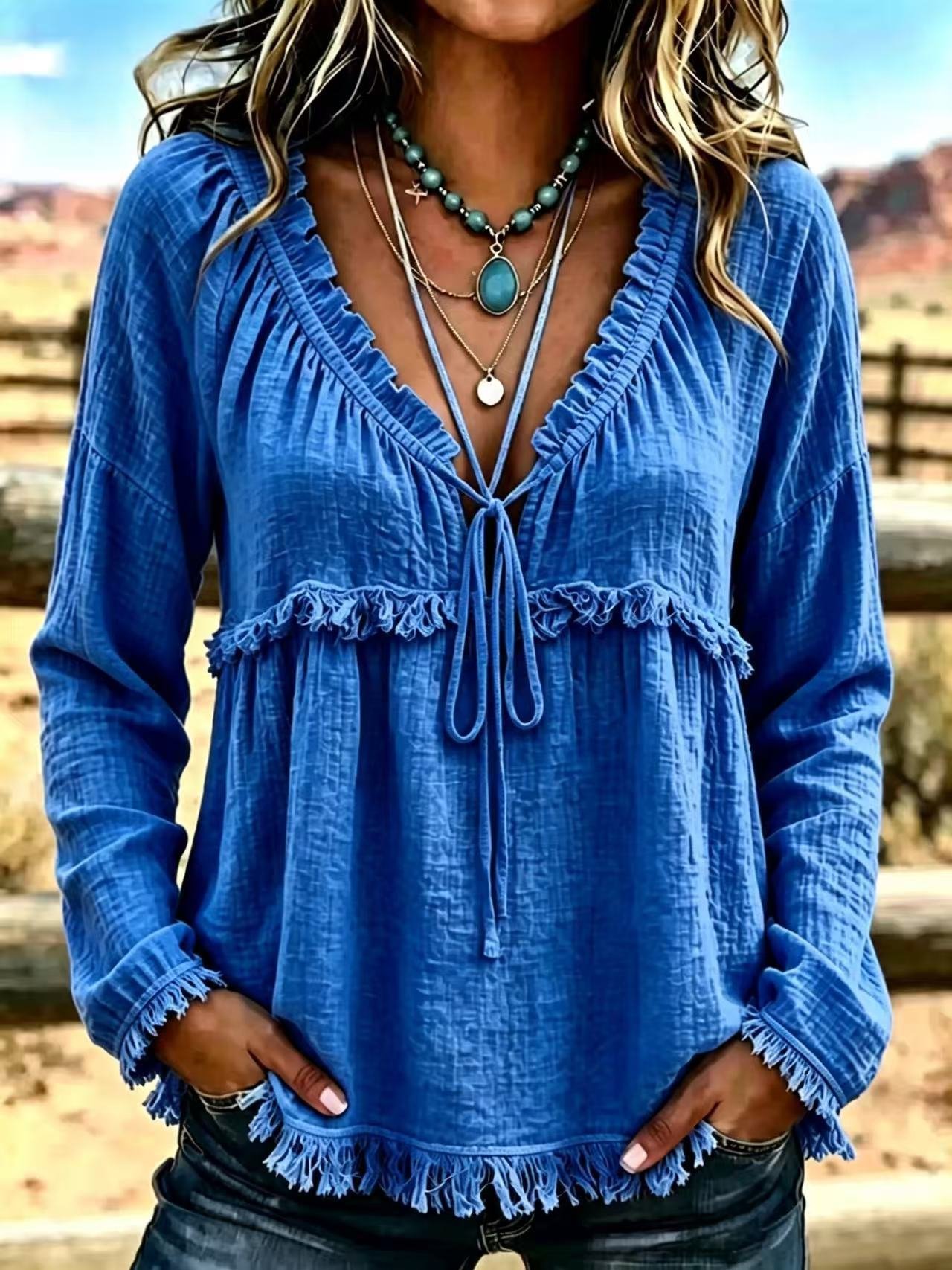 V-neck Turtleneck Long-sleeve Solid-colour Casual Top - Image 8