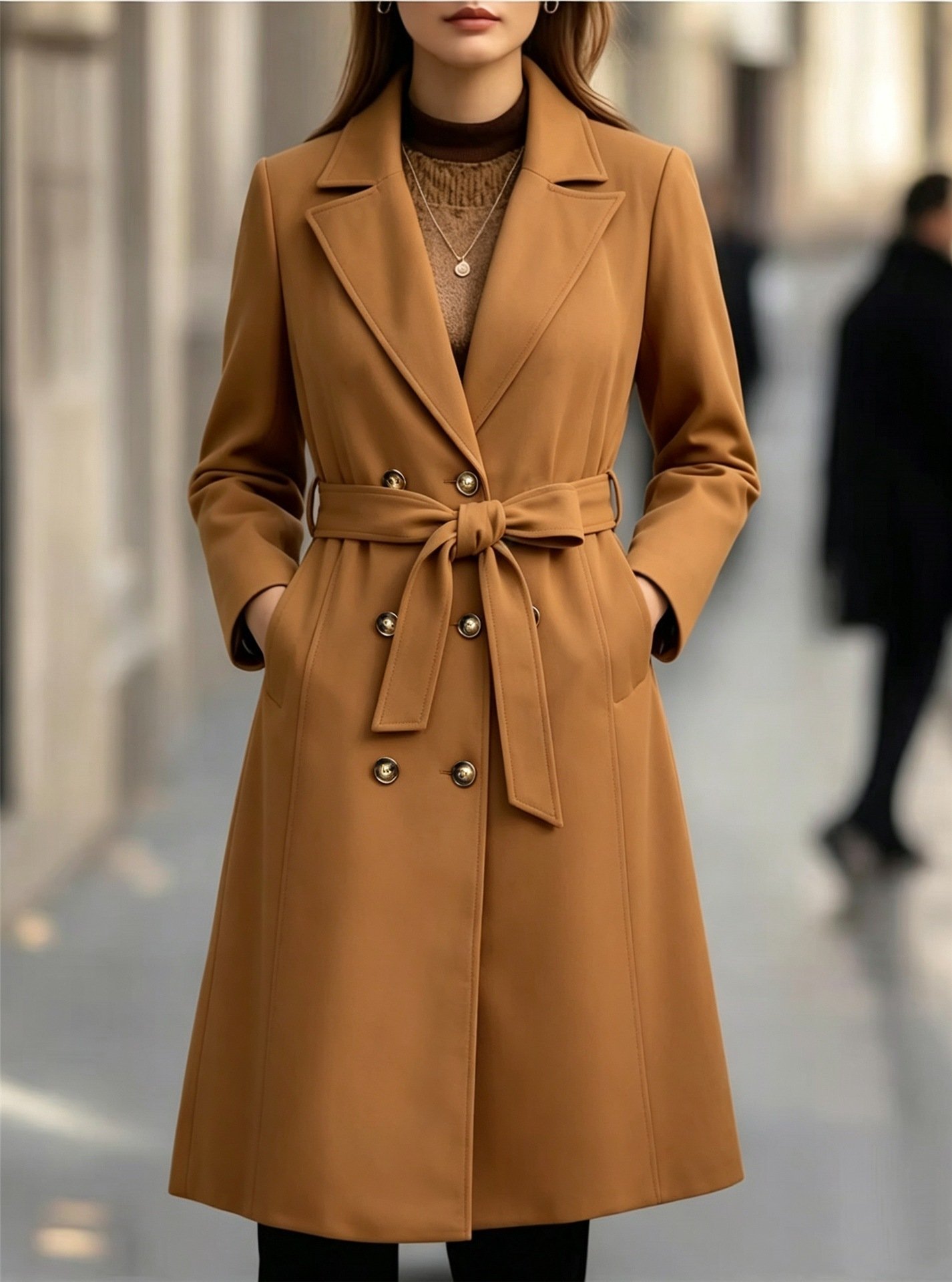 Elegant Lapel Double-breasted Long Trench Coat Outerwear - Image 5