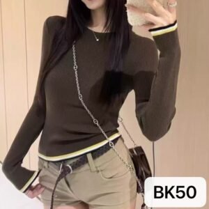 Striped Color-Block Crew-Neck Wool Top For Early Autumn