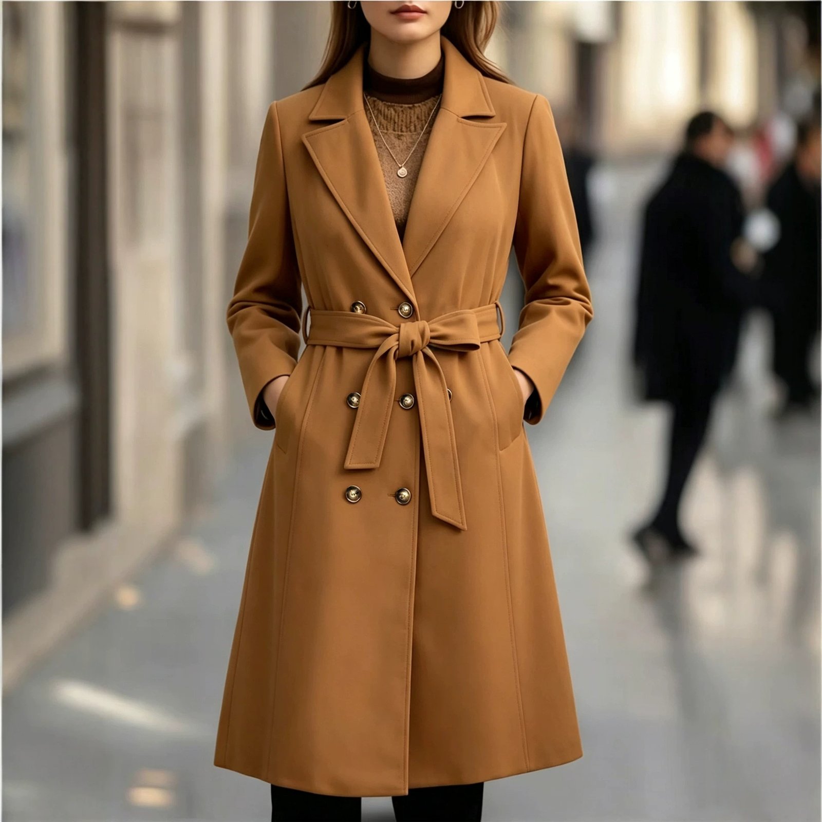 Elegant Lapel Double-breasted Long Trench Coat Outerwear - Image 3