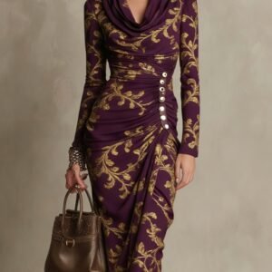 Vintage Court-Style Gold Foil Printed Dress