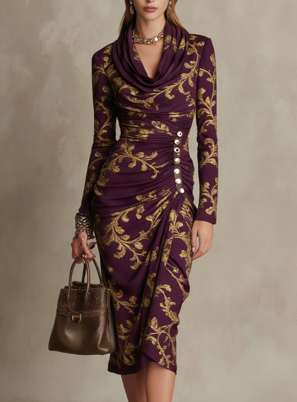 Vintage Court-Style Gold Foil Printed Dress