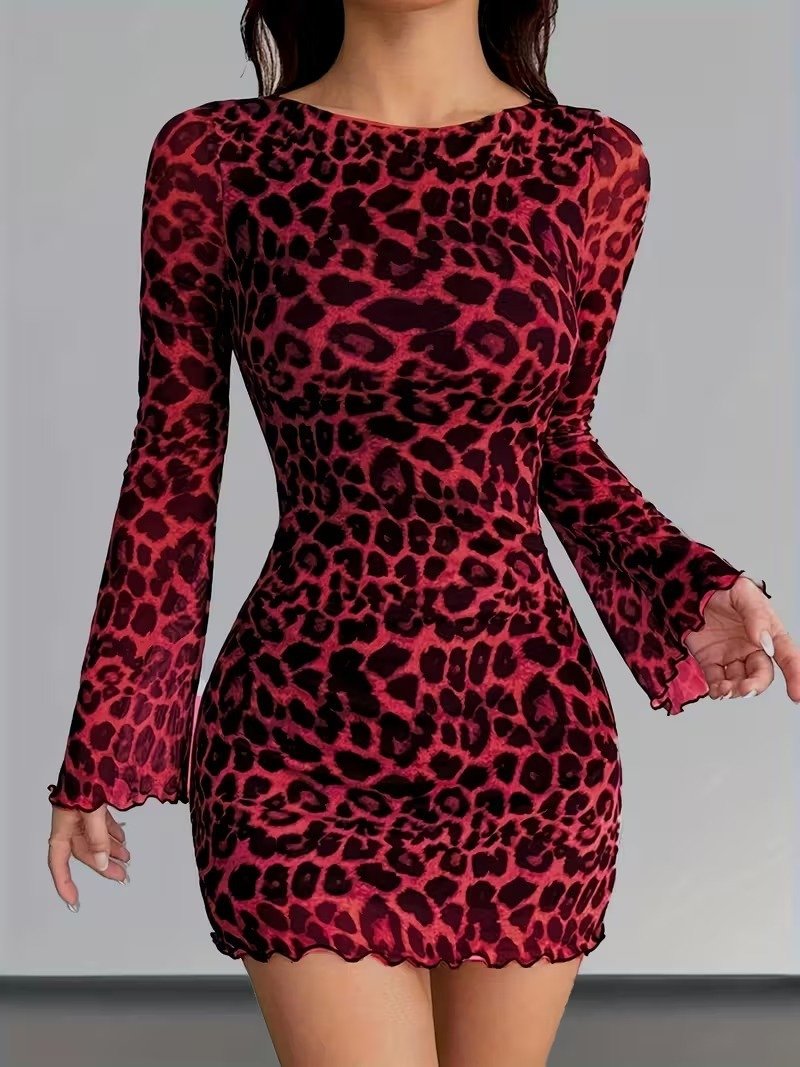 European And American Women's Clothing Leopard Print Round Neck Long-Sleeved Dress Elegant Mesh Short Skirt Vacation Seaside Dress - Image 7