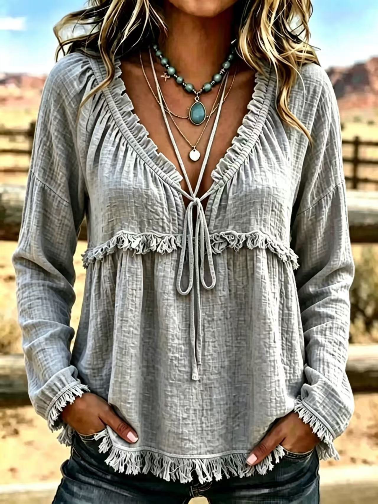V-neck Turtleneck Long-sleeve Solid-colour Casual Top - Image 7