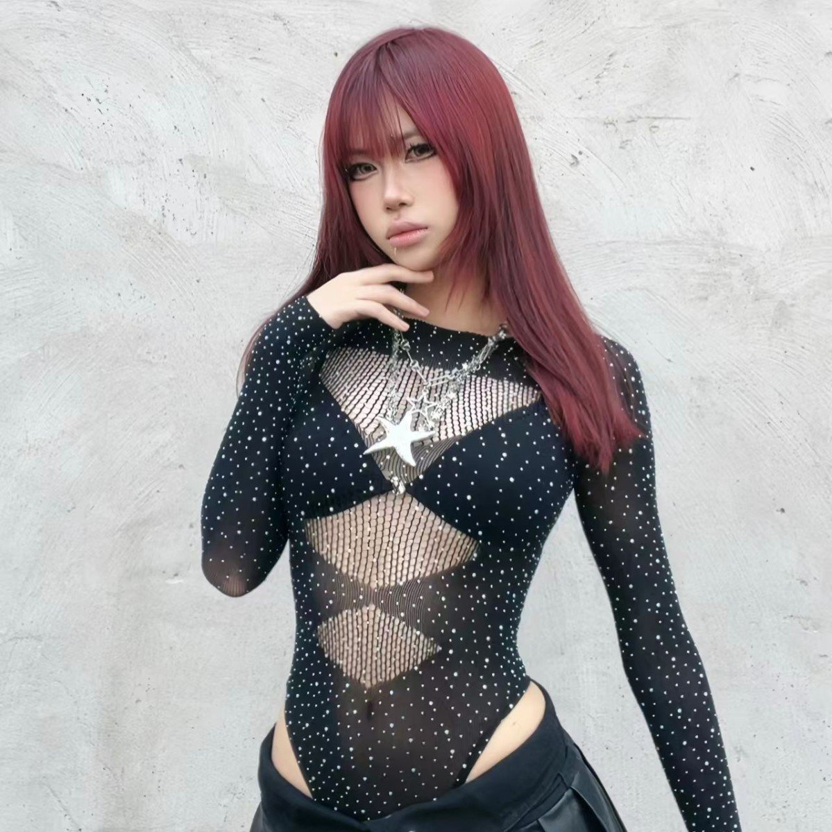 Womens High-Elastic Knitted Sheer Long-Sleeve Bodysuit - Image 2