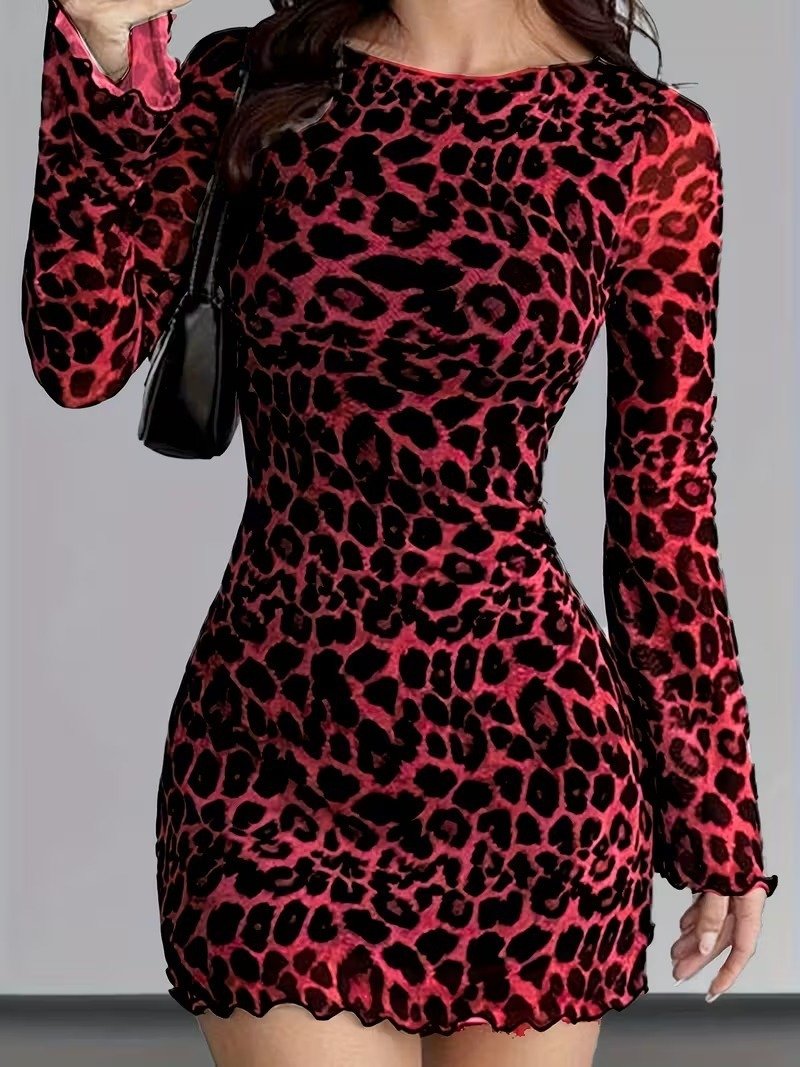 European And American Women's Clothing Leopard Print Round Neck Long-Sleeved Dress Elegant Mesh Short Skirt Vacation Seaside Dress - Image 2
