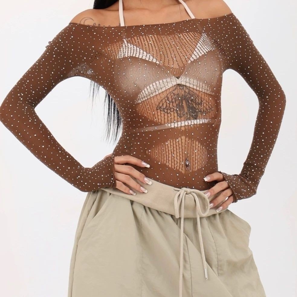 Womens High-Elastic Knitted Sheer Long-Sleeve Bodysuit - Image 9