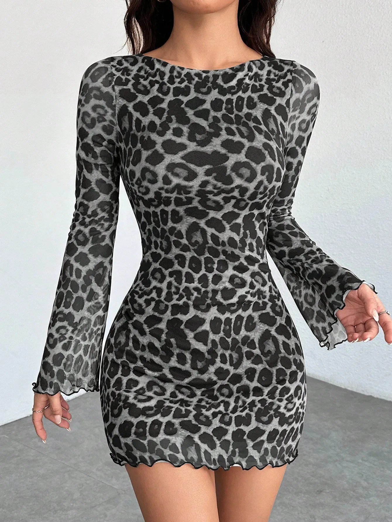 European And American Women's Clothing Leopard Print Round Neck Long-Sleeved Dress Elegant Mesh Short Skirt Vacation Seaside Dress - Image 5