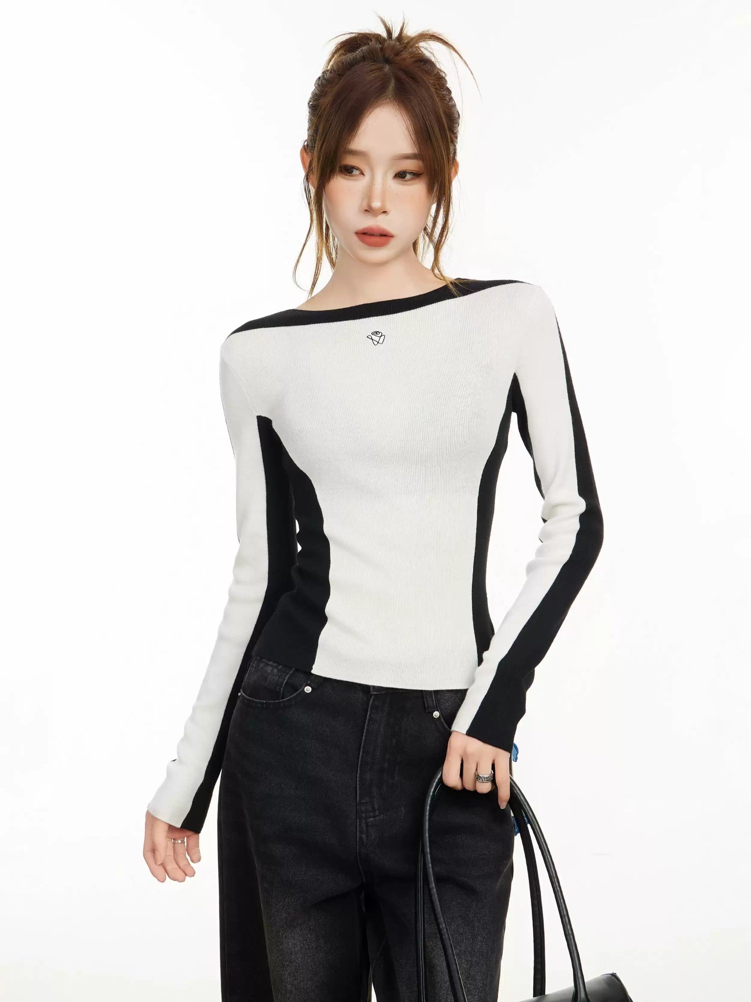 White Off-Shoulder Long-Sleeve Women's Autumn-Winter T-Shirt Top - Image 2