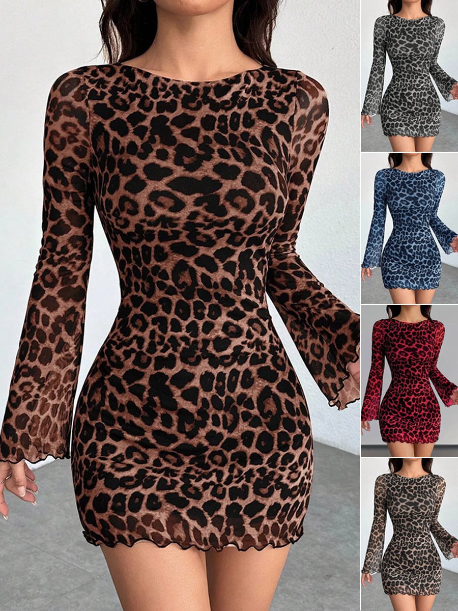 European And American Women's Clothing Leopard Print Round Neck Long-Sleeved Dress Elegant Mesh Short Skirt Vacation Seaside Dress