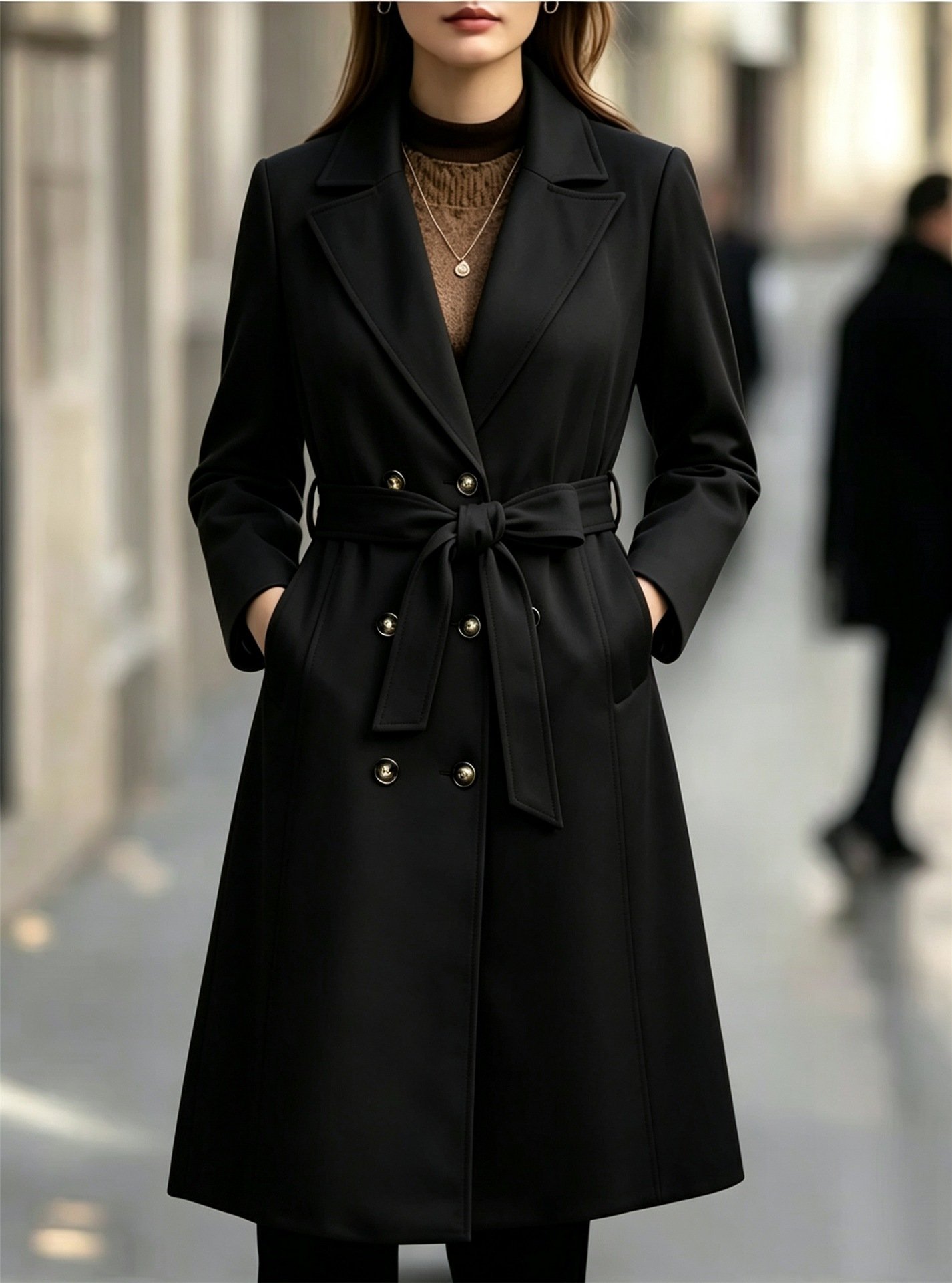 Elegant Lapel Double-breasted Long Trench Coat Outerwear - Image 2