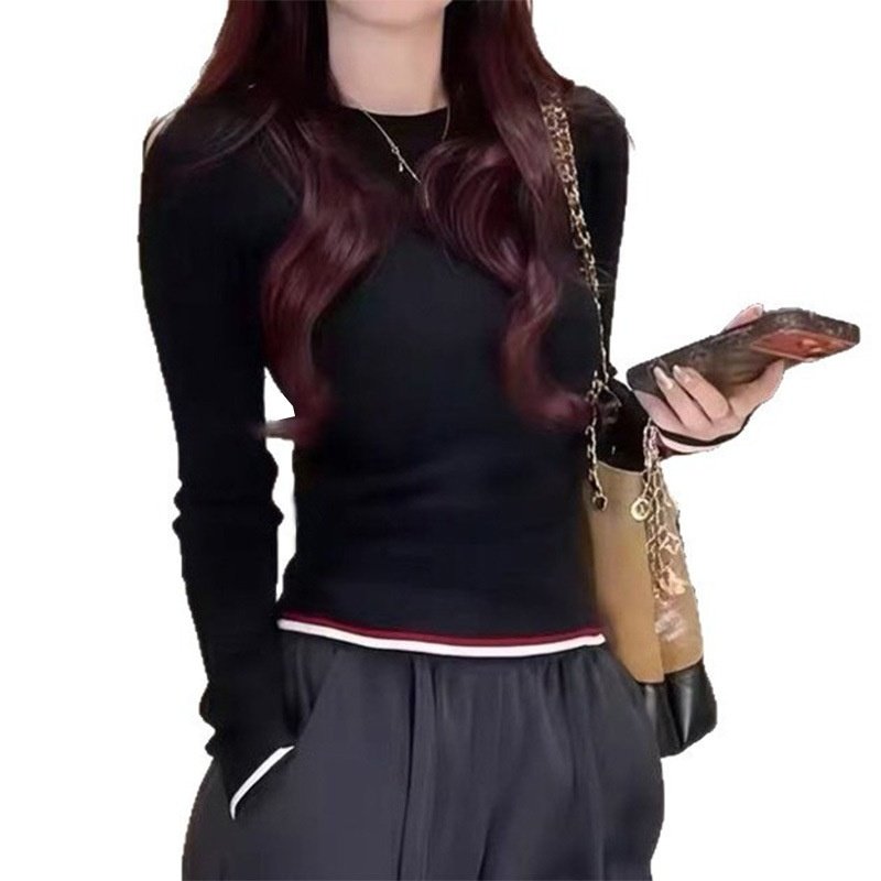Striped Color-Block Crew-Neck Wool Top For Early Autumn - Image 9