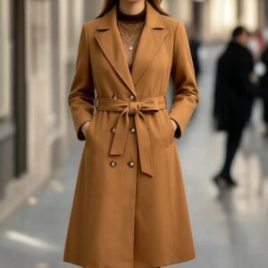 Elegant Lapel Double-breasted Long Trench Coat Outerwear